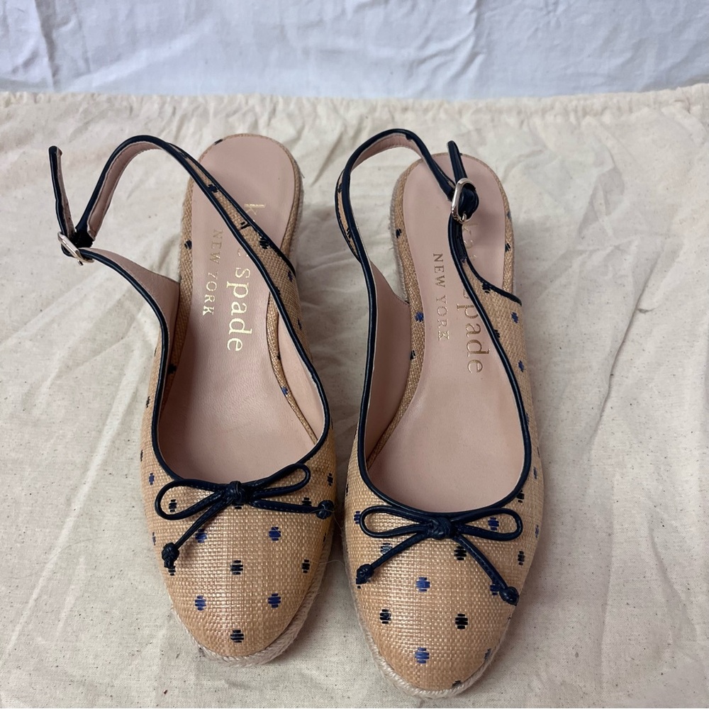 Kate Spade Tan and Black Polka Dot Slingback Wedges 9.5 NWOT